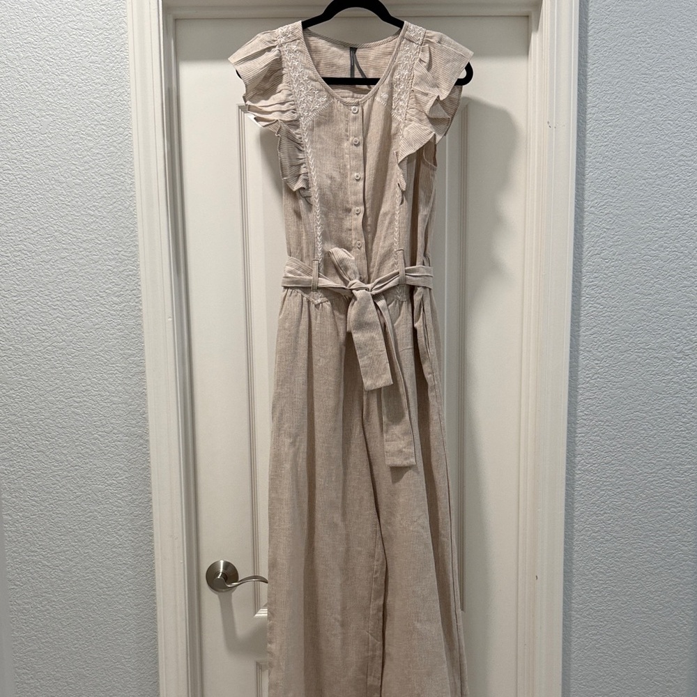 Anthropologie Cream Linen Wide Leg Jumpsuit